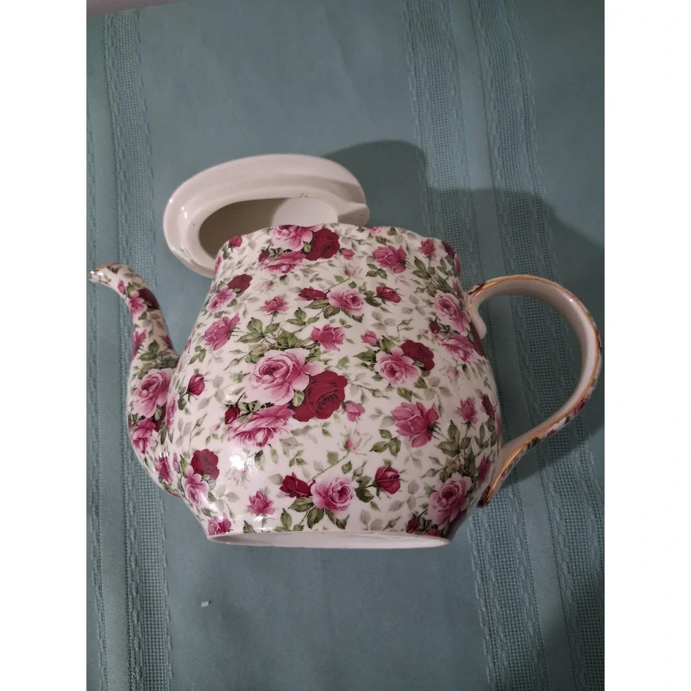 Formalities by Baum Bros Victorian Rose Chintz Teapot Pink Floral gold trim - Picture 3 of 7